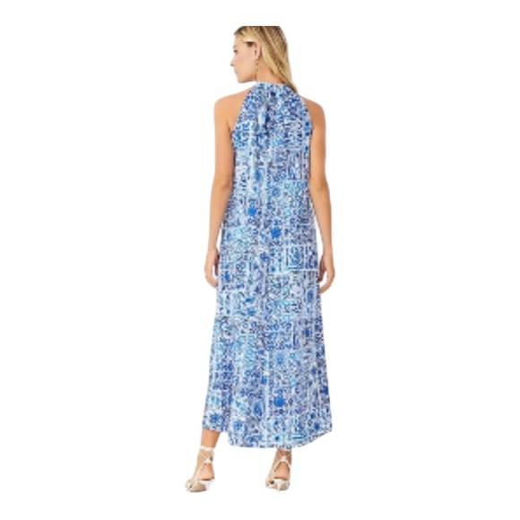 Stunning Ann Taylor Tile Tie Mock Neck Maxi Dress With pockets! 🔵⚪️ Large - Picture 2 of 9